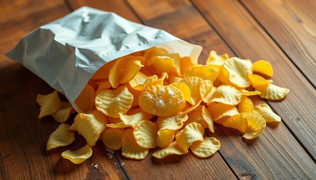 Open bag of salty potato chips spilling out onto a wooden table, ready for snacking,  delicious,  crisp