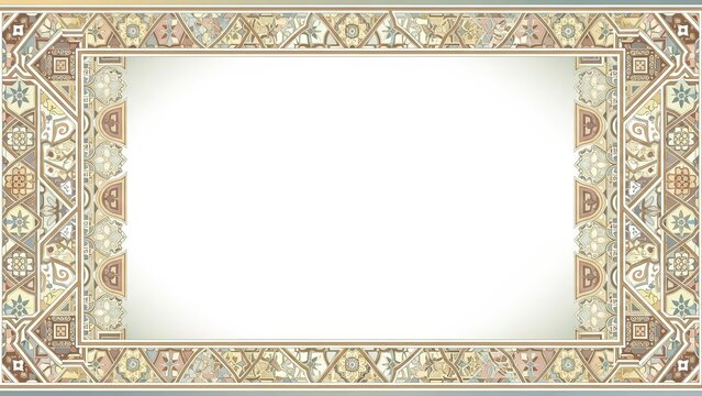An ornate, beige frame with traditional islamic patterns borders a white space, ideal for a festive ramadan or eid mubarak greeting.