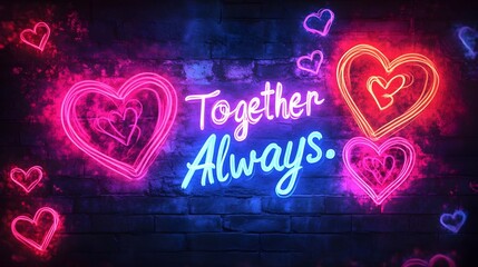 Glowing Neon Hearts Message  Together Always  Displayed on Wall for Romantic