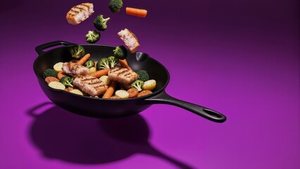 Grilled fish fillets and fresh vegetables like broccoli and carrots fly mid-air into a black cast iron pan against a vibrant purple background.