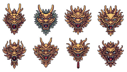 Intricate pixel art dragon heads: eight unique oriental mythical designs