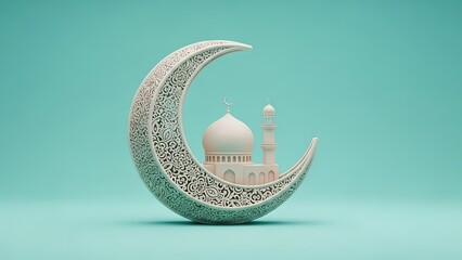 Textured crescent moon conceptually cradles a small mosque and minaret, rendered in soft 3d against a serene teal background.