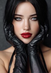 a beautiful woman wearing black satin gloves, with red lipstick, against a grey background