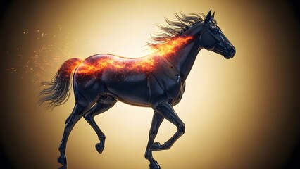 A powerful black horse with a mane and back engulfed in fire runs gracefully.