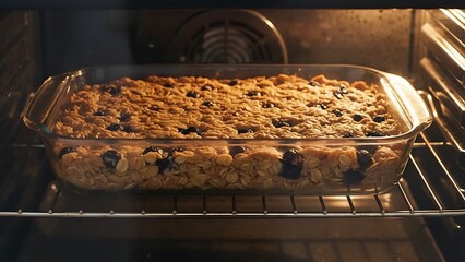 Peanut Butter Blueberry Oatmeal Bars Baking in Oven Pan