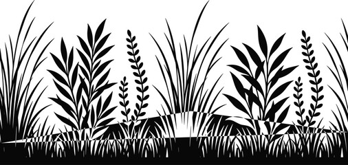 Black wild grass silhouettes bundle, cattail reed collection, meadow plant icons, botanical vector elements, fern leaf foliage, swamp vegetation, nature garden © MdHasan
