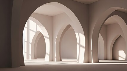 Minimalist 3d architectural rendering showing repetitive beige arches casting dramatic light and shadow.