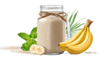 Ripe bananas and refreshing smoothie glass presented healthy smoothie in glass flanked by two ripe bananas