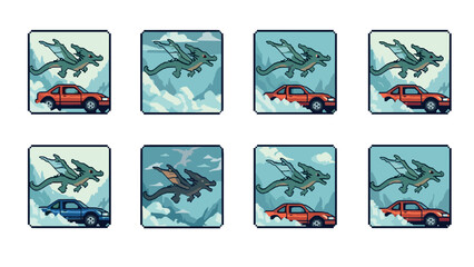 Retro pixel art: dragons and cars sky adventure in 8-bit style