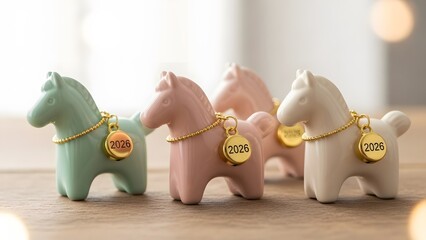 Charming pastel ceramic horse figurines with 2026 medallions symbolize good luck for the upcoming Chinese New Year.