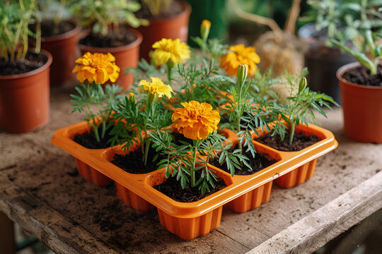 Sadzonki aksamitek na stole ogrodniczym, młode kwiaty do sadzenia, uprawa roślin i sezon wiosenny.