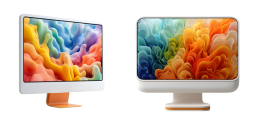 Modern computer monitors with vibrant abstract backgrounds showcase colorful designs and sleek aesthetics, perfect for creative workspaces