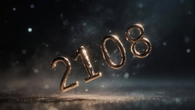 Golden 2108 numbers floating in dark atmospheric background with bokeh lights.