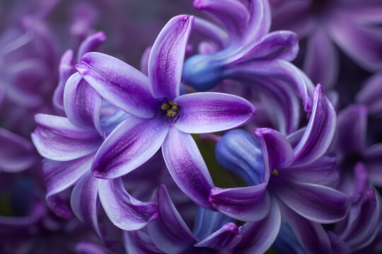 Makro niebiesko‑fioletowego hiacynta w pełnym rozkwicie, wiosenny kwiat cebulowy, miękkie tło i delikatne płatki.