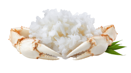 White rice pile features fresh green leaf clean white rice mound topped with vibrant green garnish