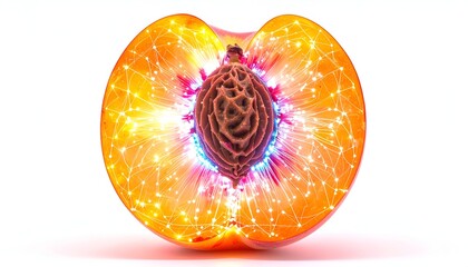 Cross-section of a peach, with network-like structures overlay