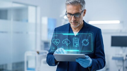 Telemedicine Technology: Doctor Examining Holographic Medical Data on Tablet in Modern Clinic