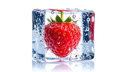 A vibrant strawberry suspended inside a clear ice cube