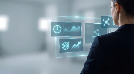 Businesswoman Interacting with Futuristic Data Interface