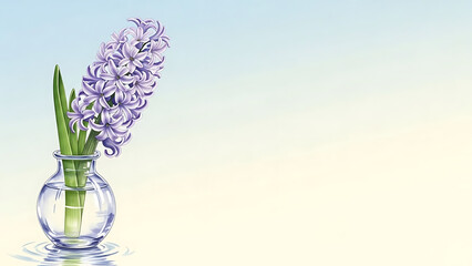 Single Glowing Lavender Hyacinth in Crystal Vase on Soft Sky-Blue to Cream Watercolor Background &ndash; Ethereal Spring Botanical with Copy Space for Nowruz Renewal