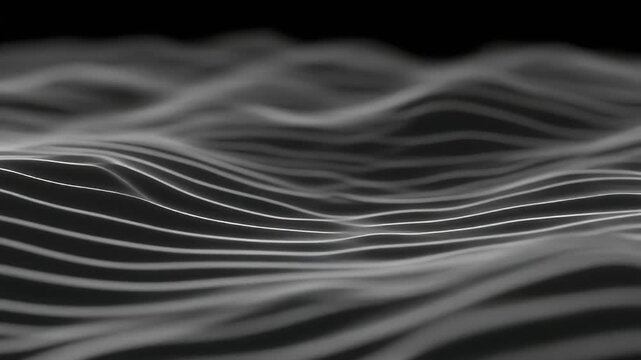 A grayscale, abstract image depicts soft, undulating curves resembling waves. Bright white lines are on a darker backdrop. Selective focus enhances the depth