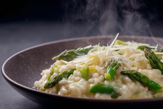 Kremowe risotto ze szparagami i tartym serem w misce, gorące dani, kuchnia włoska i wiosenny obiad.
