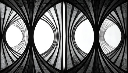 Architectural black and white abstract spiraling shapes framing the sky