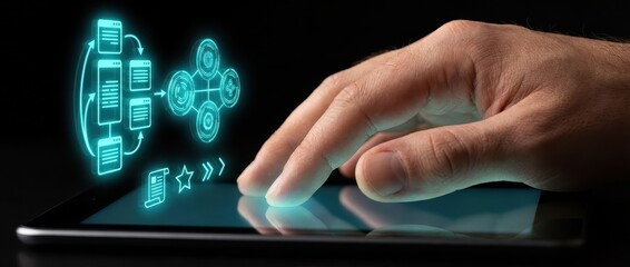 Digital Workflow: Hand Interacting with Abstract Business Process on Tablet