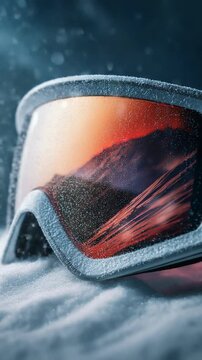 Snow-covered ski goggles with mirrored lens on fresh powder during snowfall, cold blue tones and warm reflections. Winter sports, protection and adventure concept