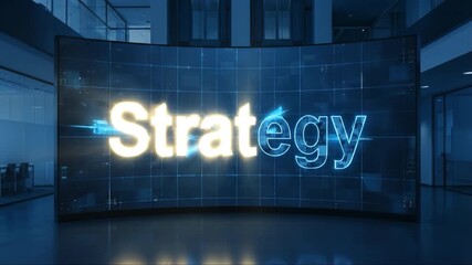 Strategy illuminated curved digital display inside modern office lobby blue grid background reflective floor ambient lighting glowing success sign illuminated display corporate interior motivational