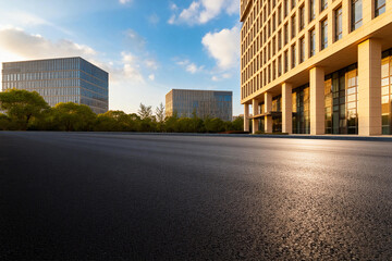 Modern Office Buildings with Empty Road and Trees