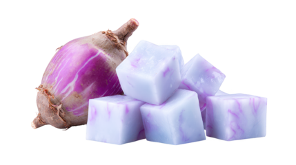 Onion and ice cubes present a cool culinary contrast onion and frozen water cubes are depicted on plain background