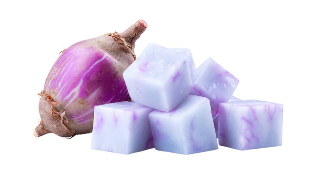 Onion and ice cubes present a cool culinary contrast onion and frozen water cubes are depicted on plain background