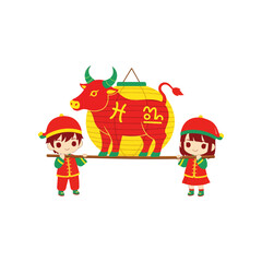 Naklejka premium Cartoon children carrying ox lantern.