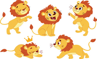 Fototapeta premium Set of funny cartoon animal characters including a cute lion, bear, dog, and cat vector illustration icons for a fun baby zoo safari design