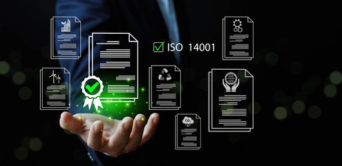 ISO 14001 environmental management certification concept with digital documents, sustainability compliance, green business standards, recycling policy, carbon reduction,