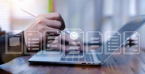 Business professional using digital document management system, signing and approving online files with checklist icons, paperless workflow, data verification, corporate compliance.