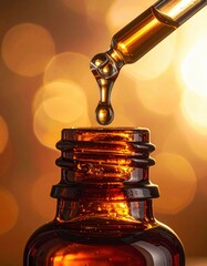 Amber Glass Dropper Bottle Dispensing Golden Liquid Against Soft Bokeh Background With Warm Lighting