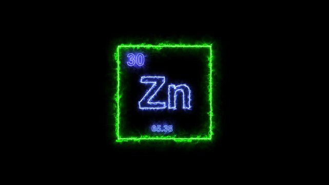 Zinc - periodic table element symbol hologram, chemical element Periodic Table, atomic weight element number ,glowing on black background in 4K.