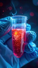 Scientist Holding Glowing Red Liquid In A Test Tube With Bubbles And Smoke In Dark Laboratory Setting
