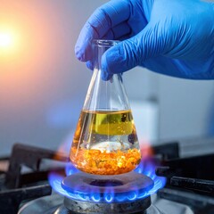 Gloved Hand Heats Liquid In Erlenmeyer Flask Over Blue Gas Flame In Laboratory With Orange Particles Suspended In Clear Liquid And Warm Sunlight Flare