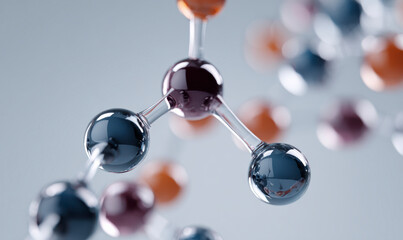 Abstract molecule model with spheres, clear rods, and colored atoms.