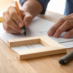 Close Up Of Carpenter Hand Holding Pencil Drawing Blueprint With Wood Frame On Desk