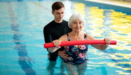 Senior woman doing hydrotherapy exercises with a physical therapist in a swimming pool. Active aging and rehabilitation concept with an instructor's support