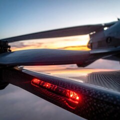 Modern Drone Flying Over Agricultural Field During Golden Hour Sunset With Red Light Glowing