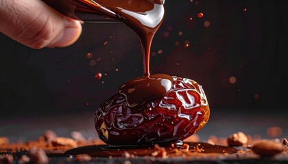 Decadent Dark Chocolate Drizzle Over A Whole Dried Date Garnished With Cocoa Powder And Nuts A Sweet Confectionery Delight