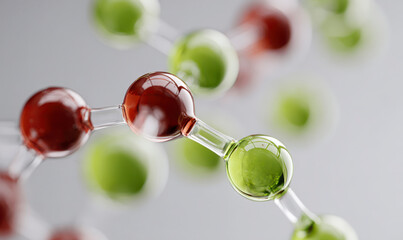 Abstract molecular structure with connecting spheres, green and red liquid.