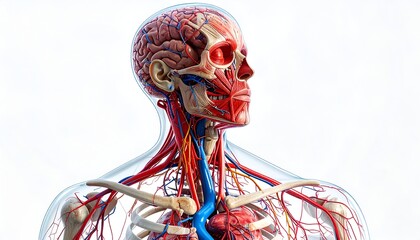 Human head and torso anatomical model with visible muscles, veins, and skull