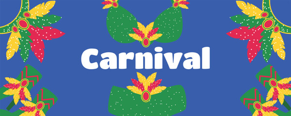 Festival banner for Brazilian Carnival with full feather costumes including outfit shoes and headdress