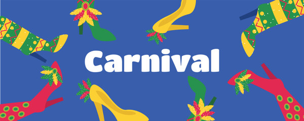 Festival banner for Brazilian Carnival with carnival shoes and feather costume elements